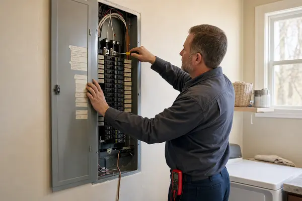 Electrician working in a breaker panel