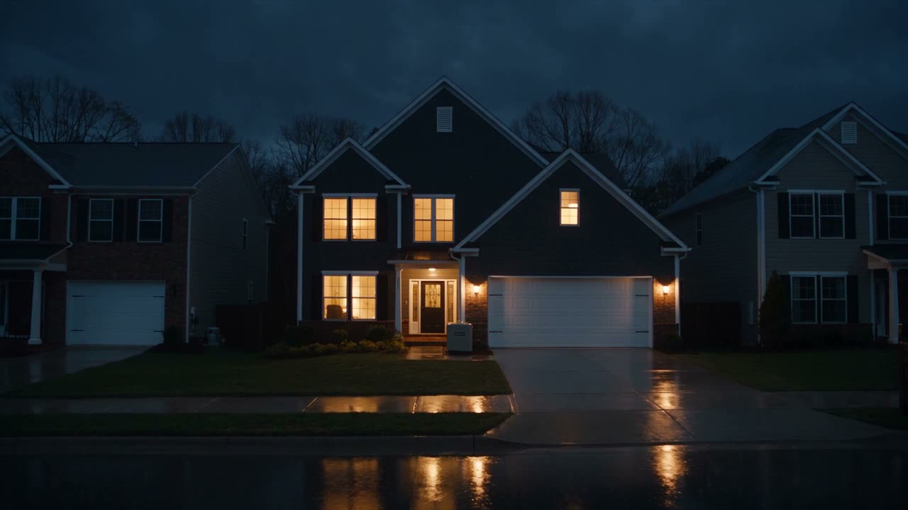 Home with its windows lit by a standby generator while the neighboring houses stay dark during a night storm