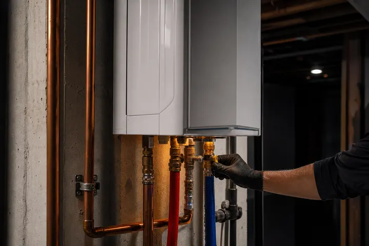 Wall-mounted tankless water heater being serviced