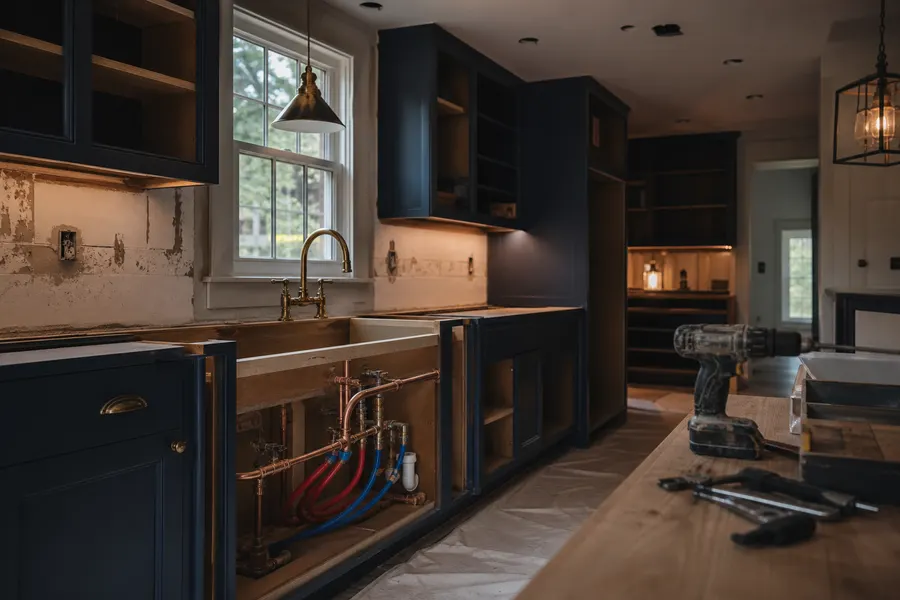 Kitchen remodel in progress with new copper and PEX supply lines roughed in under the sink cabinet