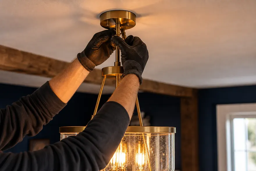 Electrician installing a ceiling light fixture in a home