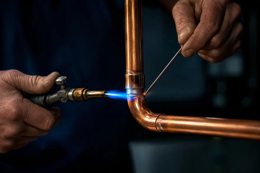 Plumber soldering a copper water line joint